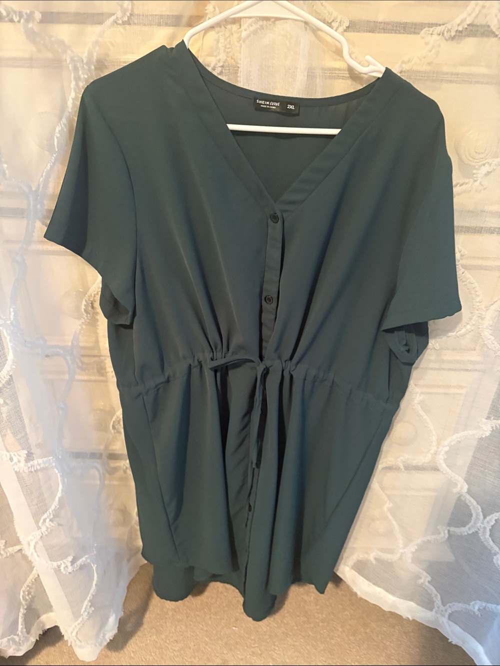 SHEIN Dark Teal V-Neck Drawstring Button Tunic